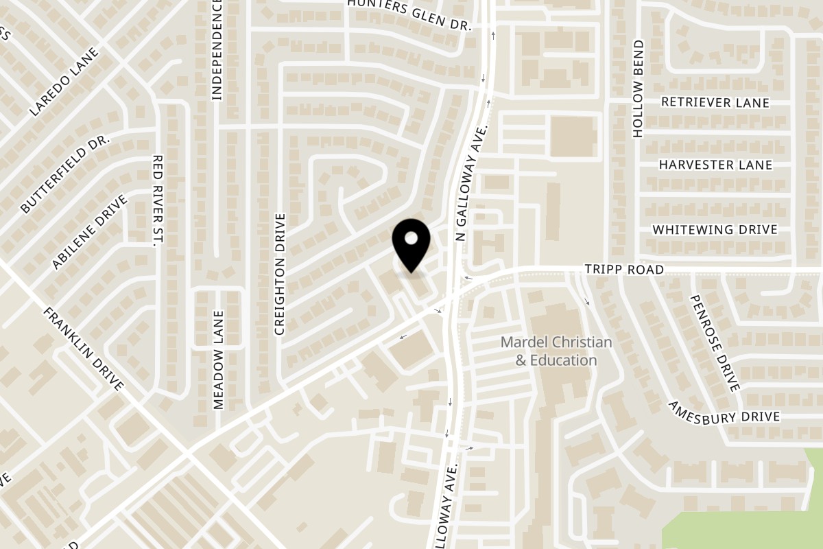 Map showing the location of Vamos Pizza & Pasta on 2411 N Galloway Ave #110 in Mesquite